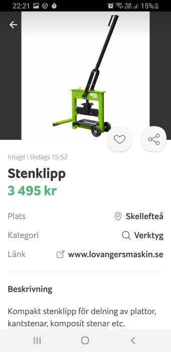 Grön och svart stenklipp på hjul för att dela plattor och kantstenar. Pris 3 495 kr visas.