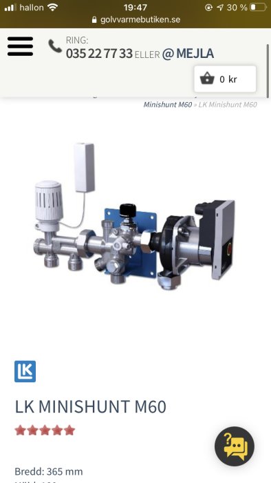 LK Minishunt M60 för golvvärme med termostat, flödesmätare och cirkulationspump.