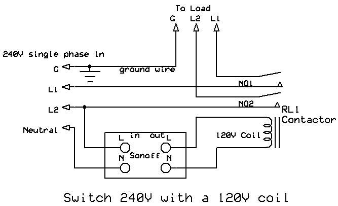 Elektriskt kopplingsschema som visar switch för 240V med en 120V spole.