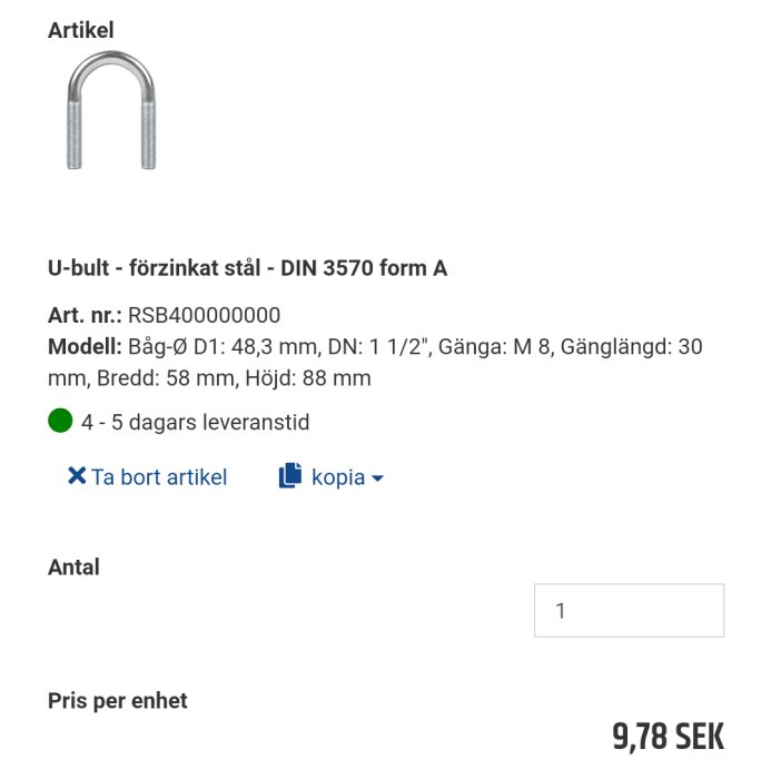 Förzinkad U-bult med specifikationsdetaljer på vit bakgrund.