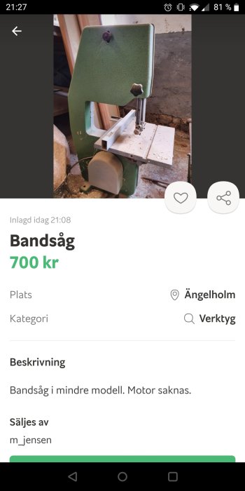 Grön Inca bandsåg i mindre modell på ett verktygsbord, utan motor.