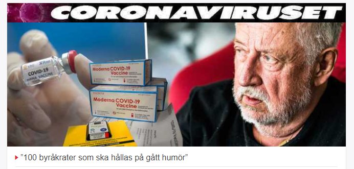 Hand håller ett vaccinflask med texten COVID-19 Vaccine och förpackningar för Moderna COVID-19-vaccinet, och en äldre man ser bekymrad ut.