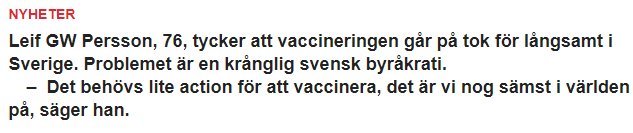 Nyhetstext där Leif GW Persson kritiserar det långsamma tempot i Sveriges vaccinationskampanj och nämner svensk byråkrati.