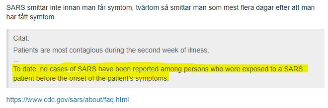 Skärmdump av ett inlägg som citerar CDC om att SARS inte smittar innan symptom visar sig.