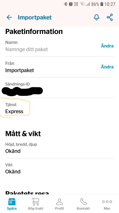 Skärmdump från en fraktapp som visar expressleveranstjänst markerad för ett importpaket.