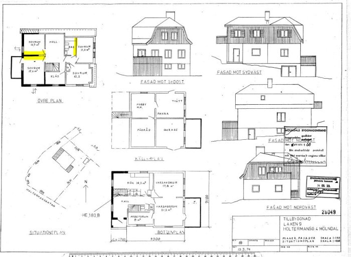 Arkitektritningar av ett hus med markerade väggar i gult som användaren vill ta bort, inklusive planvyer och fasader.