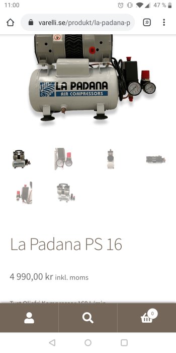 La Padana luftkompressor på en webbsida med priset 4 990 kr inkl. moms och produktinformation.