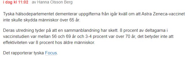 Bild på ett internetforummeddelande om tyska hälsodepartementets uttalande angående Astra Zeneca-vaccinet.