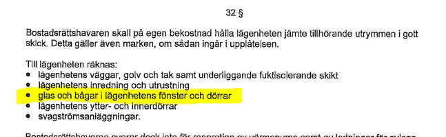 Utdrag ur stadgar som markerar att ägare ansvarar för glas och bågar i lägenhetens fönster och dörrar.