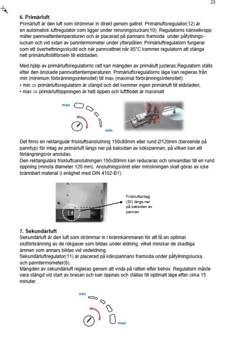 Sida ur bruksanvisning med illustrationer och beskrivningar av primär- och sekundärluftsregulatorer i en vedpanna.