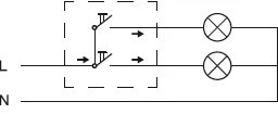 Elektriskt kopplingsschema med en dimmer för taklampa och en strömbrytare för fönsterbelysning.