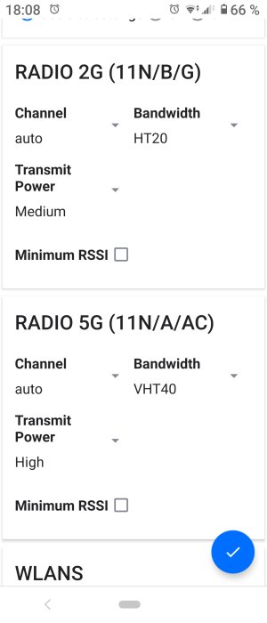 Skärmdump av WiFi-inställningar med 2G och 5G radio, visar kanaler, bandbredd och sändningseffekt.