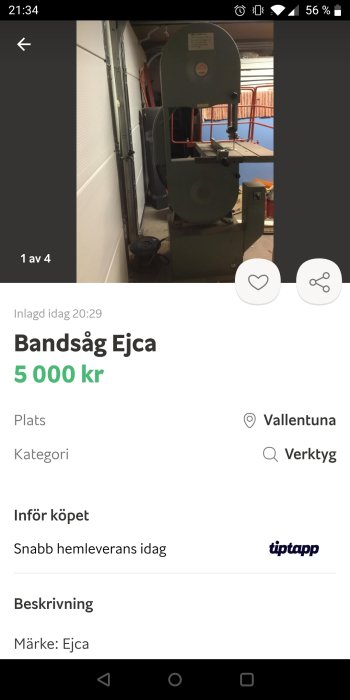 Stående bandsåg av märket Ejca i ett garage, visas i användartillägg på köp- och säljforum.