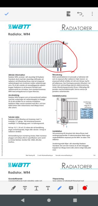 Schematisk bild av en radiator med markeringar som visar rör-i-rör-system för varmvattenflöde.