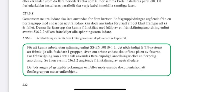 Utdrag från svensk standard SS 436 40 00 om frånskiljning av flerfaskrets och neutralledare.