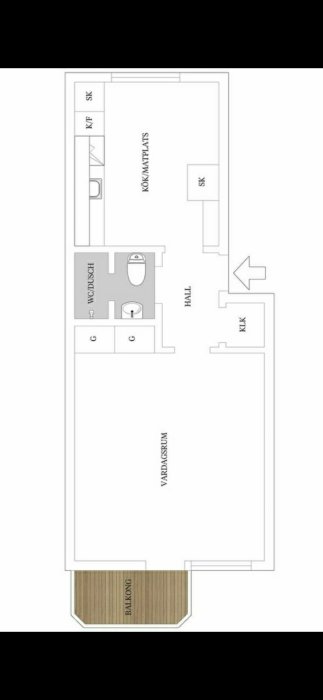 Ritning av en lägenhet med markeringar för planerad köksventilation i rött och blått.