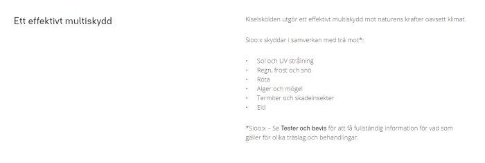 Sidoalt-text: Skärmdump av text som beskriver effekterna av kiselskåld på trä mot naturkrafter och ansvarsfriskrivning.