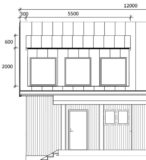 Ritning av takkupa med dimensioner på en byggnad, inklusive måttangivelser och fönsterplacering.