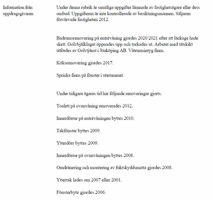 Dokument med en lista över renoveringar gjorda på ett hus, daterade från 2006 till 2021.