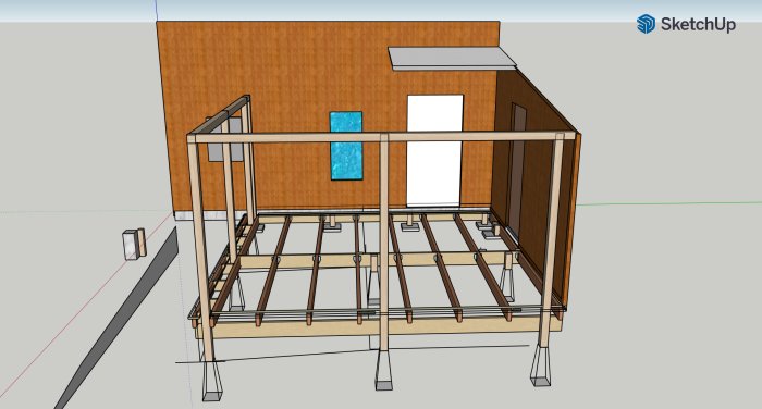 3D-modell av en obebyggd altan med insynsskydd och stolpar framför ett hus.