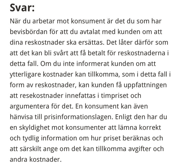 Skärmdump av ett foruminlägg som diskuterar ansvar för att informera kunder om möjliga extra kostnader i konsumentförhållanden.