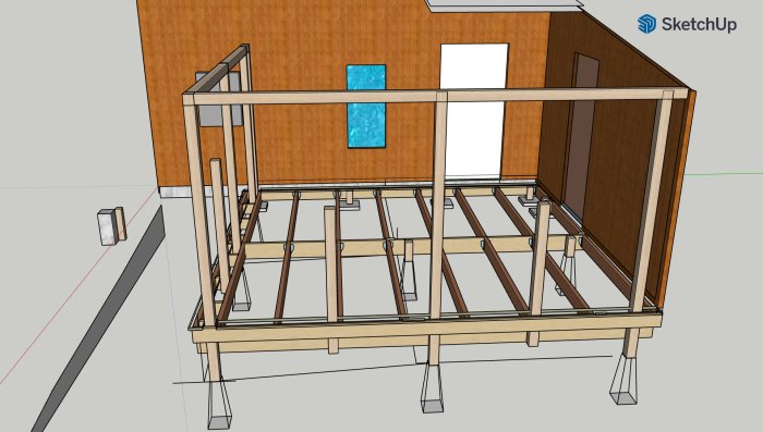 3D-modell av ett byggnadsstomme med bärlinor, golvreglar och stolpar för insynsskydd.