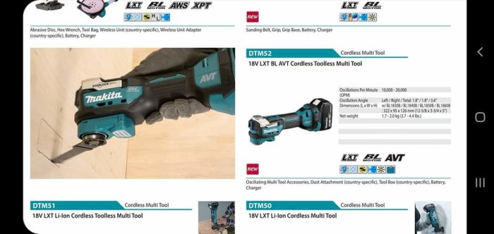 Makita 18V sladdlös multimaskin som används för att såga i trämaterial, visas på skärmen med information.