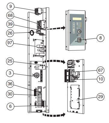 Schema över bergvärmepump med numrerade komponenter, mjukstartsrelä markerat som nummer 97.