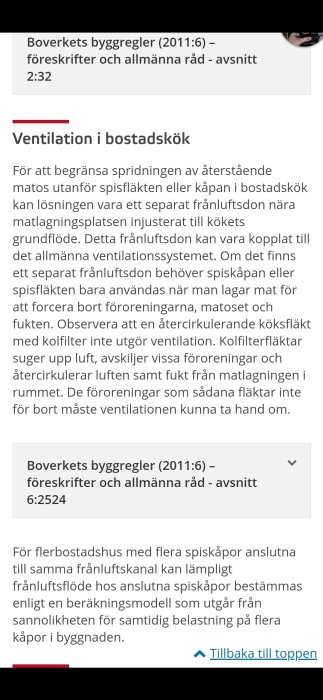 Skärmdump av ett foruminlägg om ventilation i bostadskök, refererar till Boverkets byggregler och frånluftssystem.
