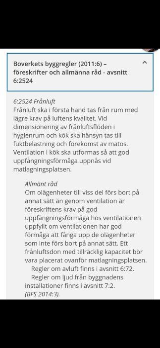 Skärmdump av text från Boverkets byggregler om frånluft och ventilationskrav i kök.