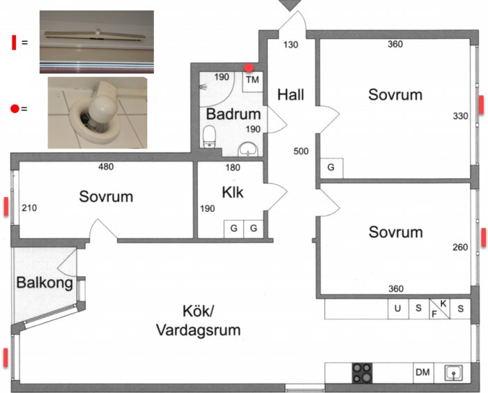 Planritning av en lägenhet med markerade ventilationsspringor och närbild på en defekt PAX 201 fläkt i badrummet.