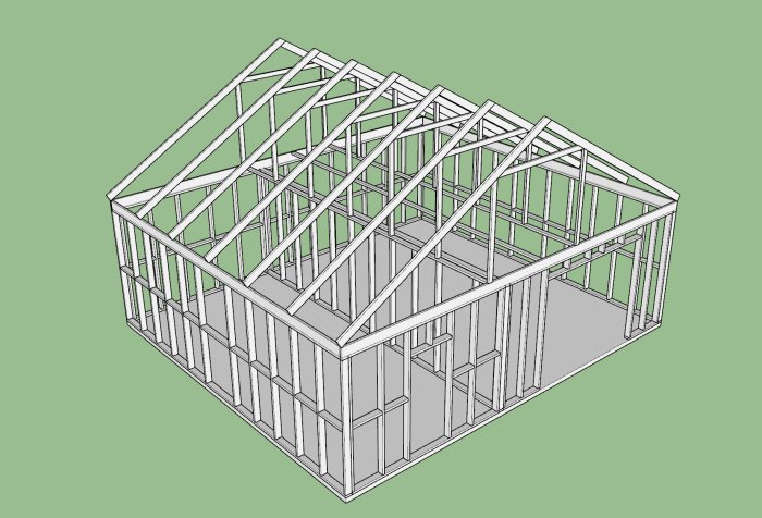 3D-modell av ett trästomme för garage och lägenhet med 45x120 takstolar, 1200mm cc.