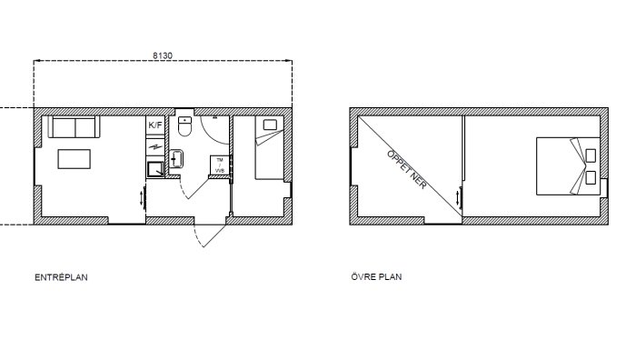 Ritningar över entreplan och övre plan för en bostad, med markerade områden för kök, badrum och andra rum, relaterat till diskussion om ventilationssystem.