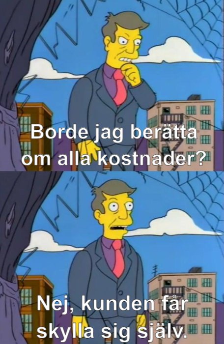 Animerad figur klädd i affärskostym ser fundersam ut med pratbubblor om kostnadsberättelser.