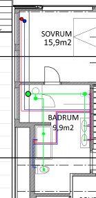 Enkel rörritning i Paint för vattenledningar till badrum med märkta förbrukningspunkter.