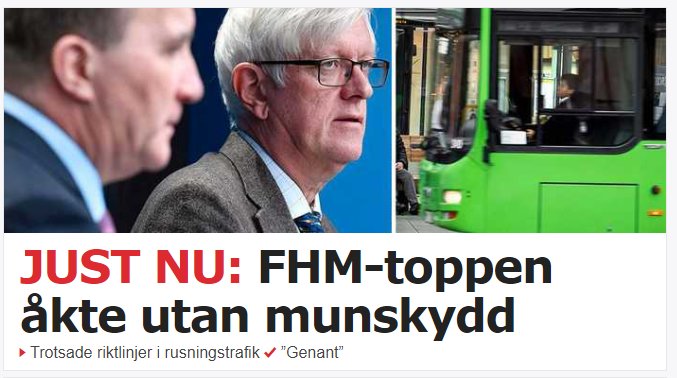 FHM-toppen Johan Carlsson fotograferad utan munskydd vid kollektivtrafik, text "JUST NU: FHM-toppen åkte utan munskydd".