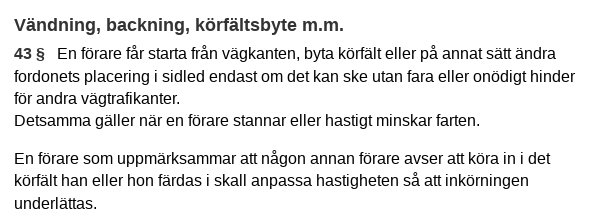 Textutdrag ur trafikförordning som förklarar regler kring vändning, backning och körfältsbyte för förare.