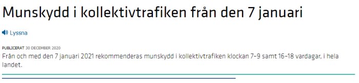 Webbsida om rekommendationen av munskydd i kollektivtrafiken från den 7 januari.