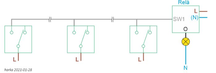 Elkopplingsschema med strömbrytare, relä och en lampa för växling mellan av/på.