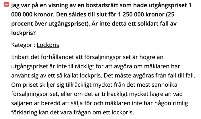 Skärmdump av en diskussion om möjligt lockpris vid försäljning av en bostadsrätt, med fråga och svarstext.