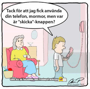 Illustration av ett barn som håller en gammaldags telefon och frågar mormor var "skicka"-knappen är.