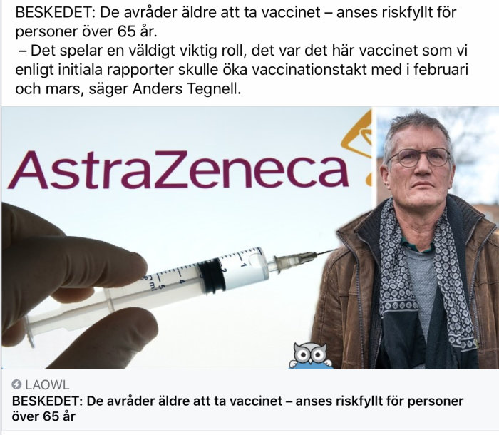 En spruta framför AstraZeneca logotyp och en äldre man som ser bekymrad ut.