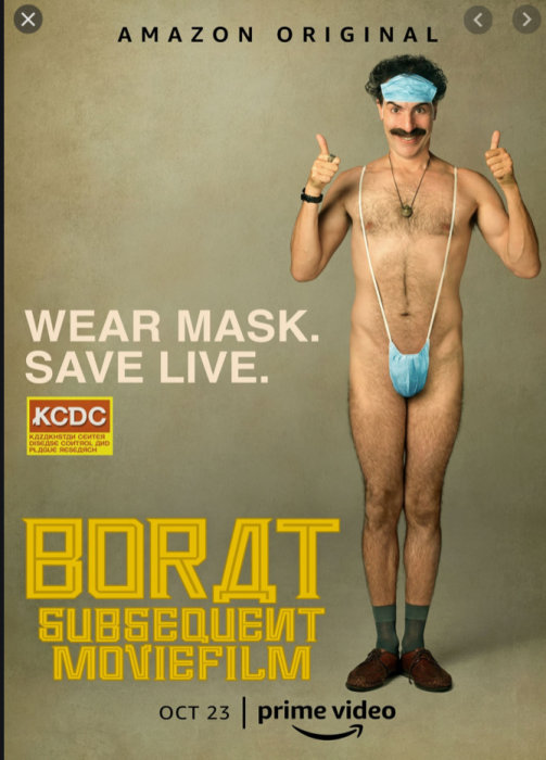 Affisch för 'Borat Subsequent Moviefilm' med karaktär i lustigt kostym och ansiktsmask på huvudet.