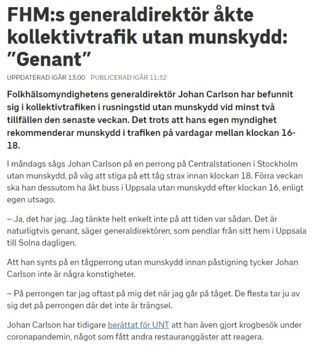 Skärmdump av en nyhetsartikel om en generaldirektör som åker kollektivtrafik utan munskydd.