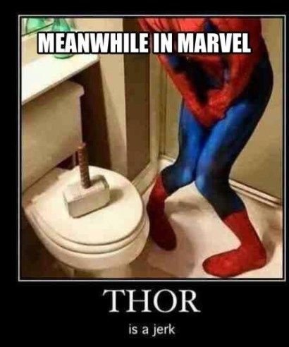 Person i Spider-Man-kostym står i badrum, Mjölnir-hammare på toalettsits, text "Meanwhile in Marvel, THOR is a jerk".