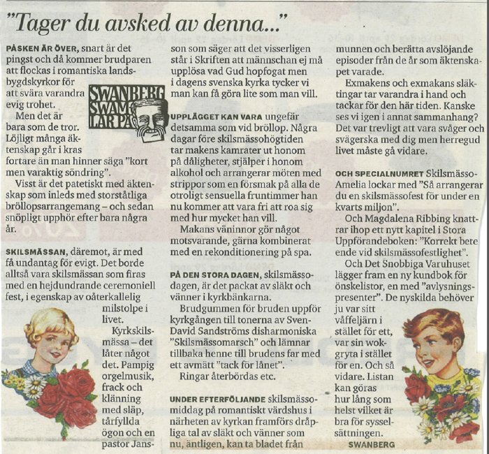 Utdrag ur artikel med illustrationer av en man och en kvinna, relaterad till skilsmässa och äktenskap.