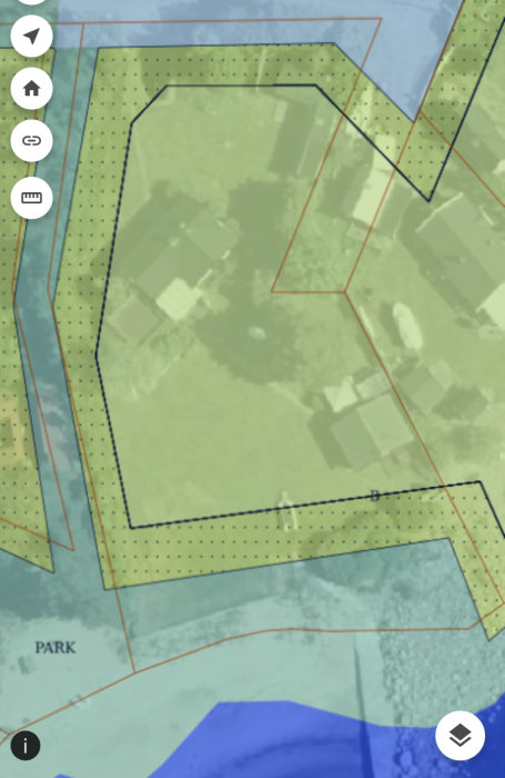 Karta som visar gränser för ett fastighetsområde med markerad parkmark i en detaljplan.