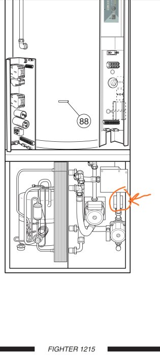Schematisk illustration av växelventil i ett värmesystem markerad med en orange pil.