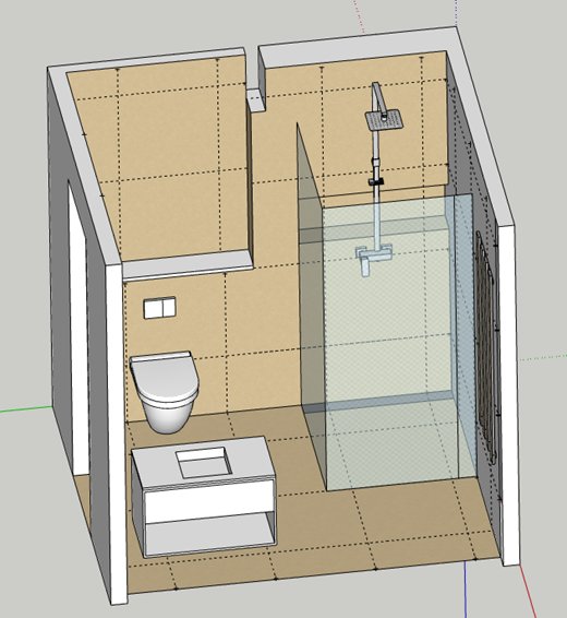 3D-skiss av ett litet badrum med duschhörna, vägghängd toalett och handfat.