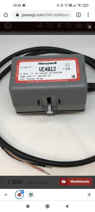Grå Honeywell ventilaktuator med en synlig plastspak undertill.